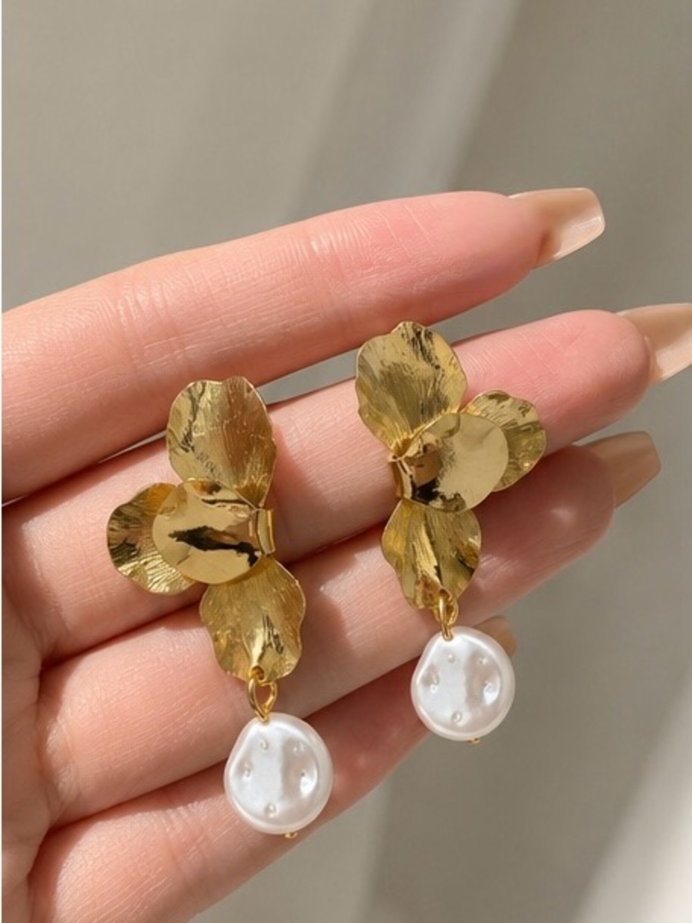 Gold Floral Drop Earrings with White Pearl